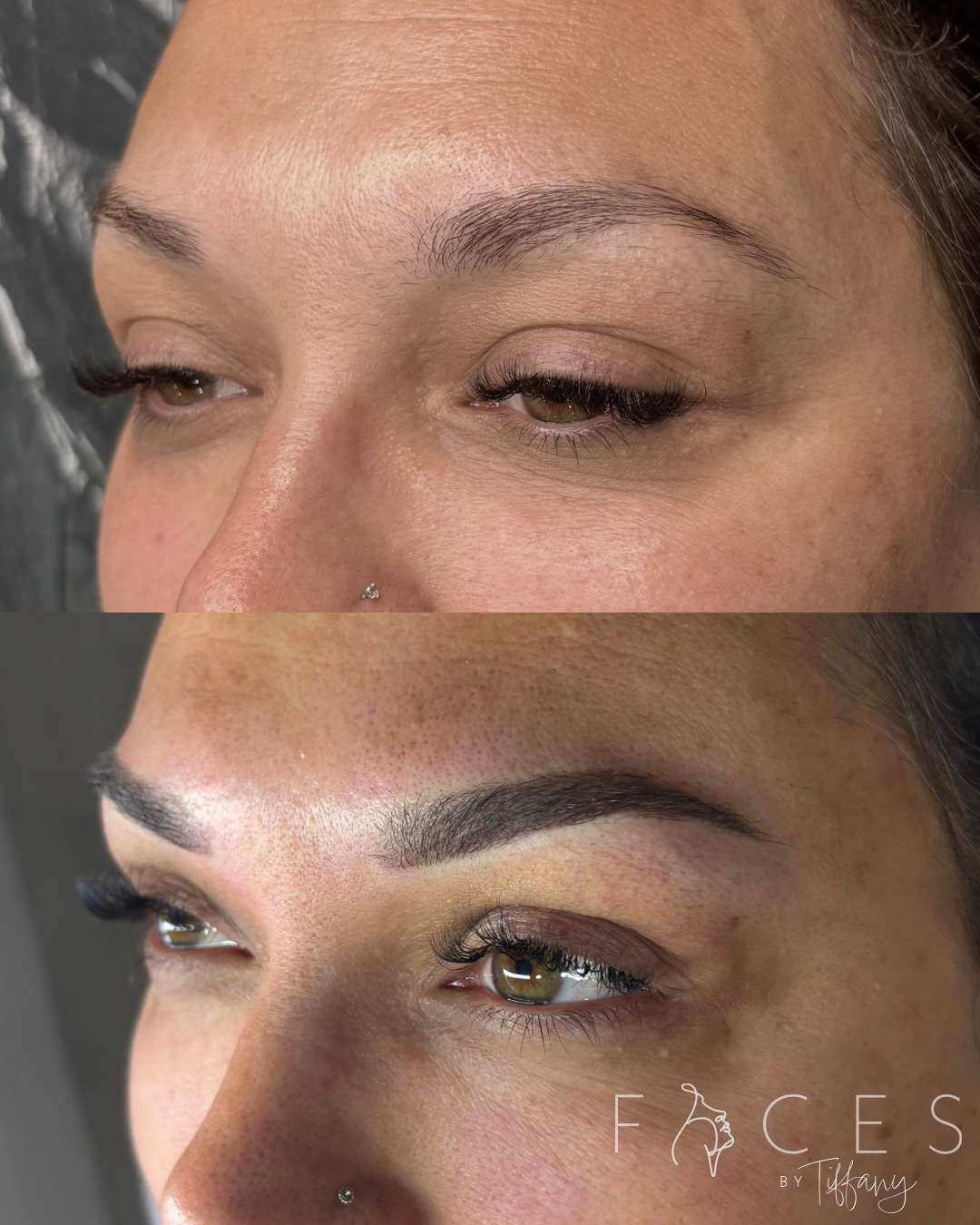 Before and after eyebrow microblading transformation showing natural to fuller brows