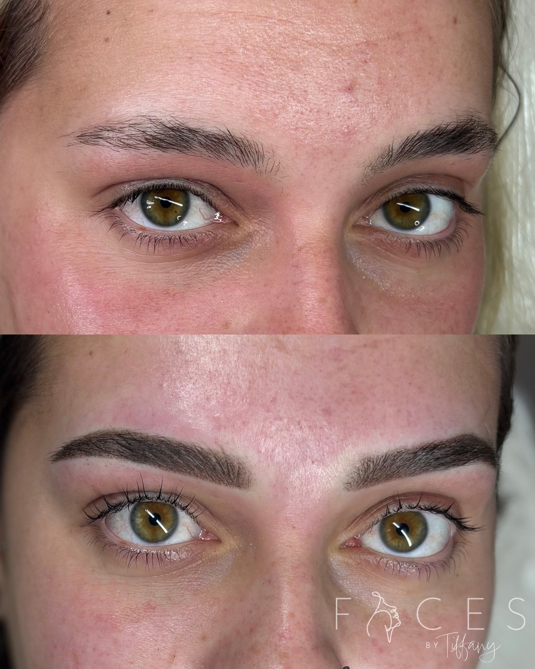 Before and after eyebrow transformation showing sparse to defined brows