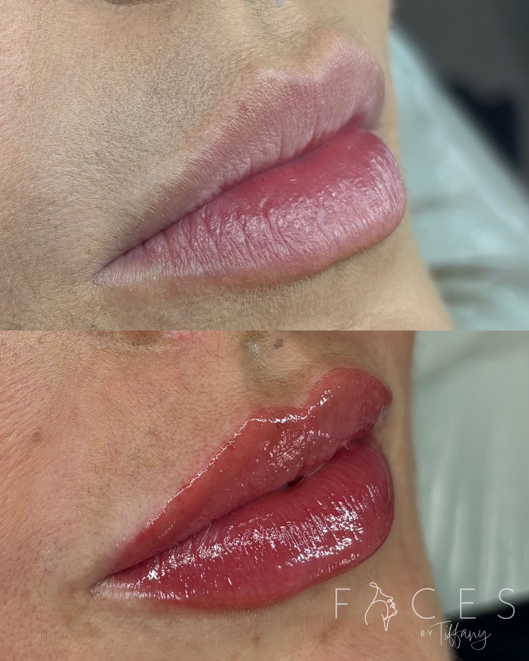 Before and after lip blush transformation close-up