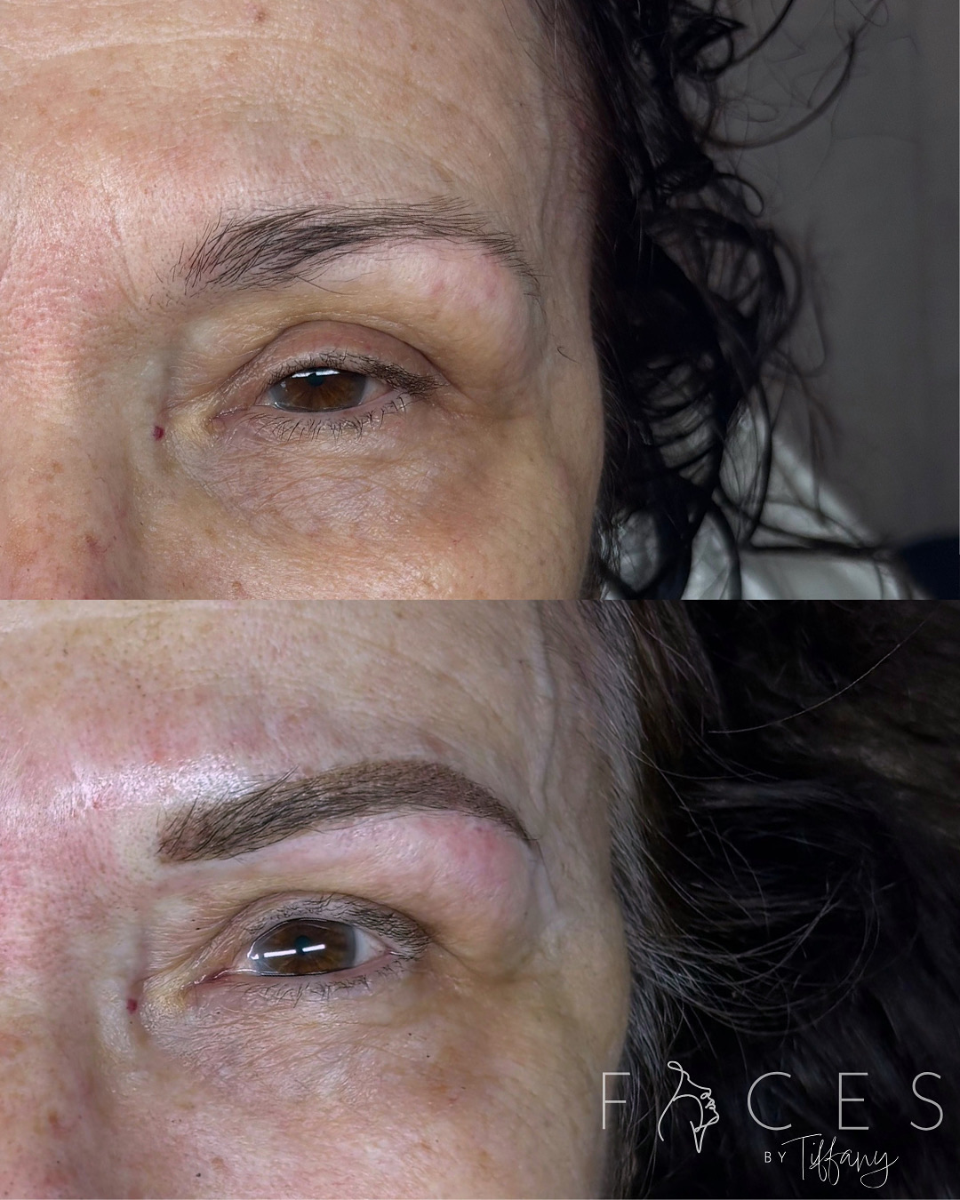 Before and after eyebrow transformation on mature client with brown eyes