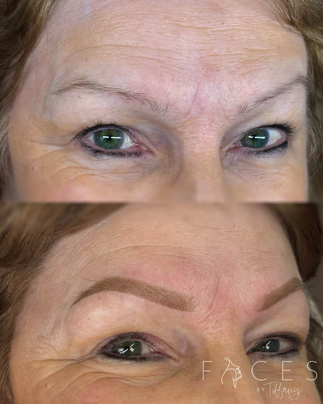 Before and after eyebrow transformation on mature client with green eyes