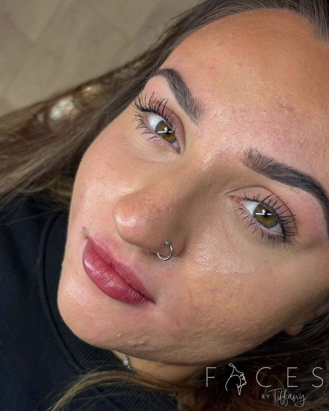 Full face portrait showing ombré brows and lip blush with hazel eyes