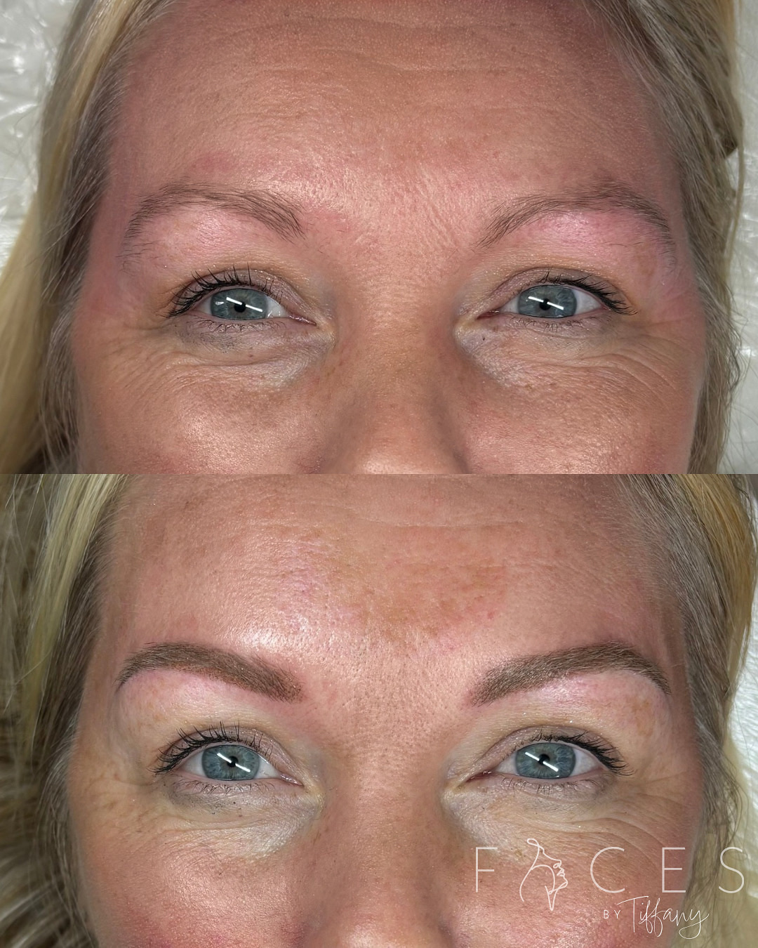 Before and after eyebrow transformation on mature blonde client with blue eyes