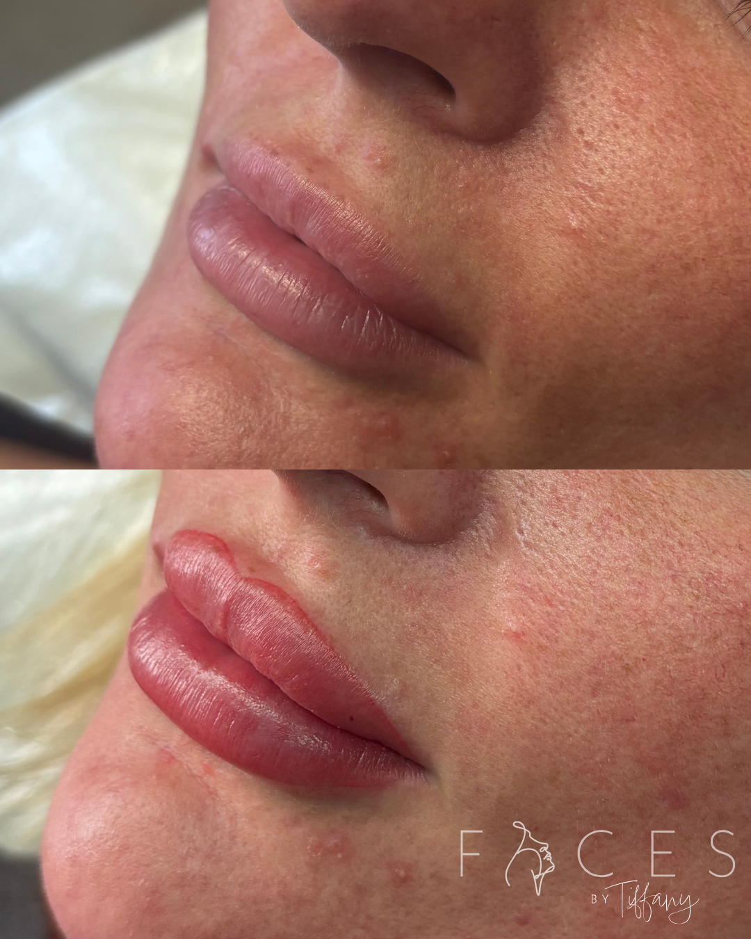 Before and after lip blush treatment at Faces by Tiffany, Exeter