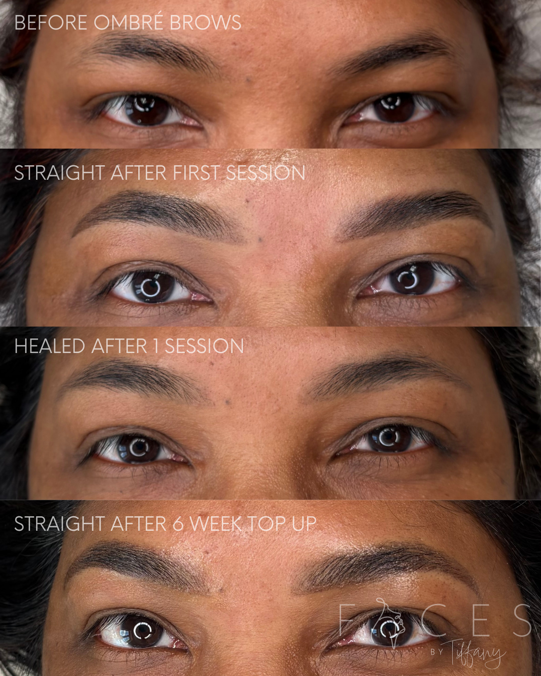 Ombre brow healing progression across four stages, Faces by Tiffany Exeter