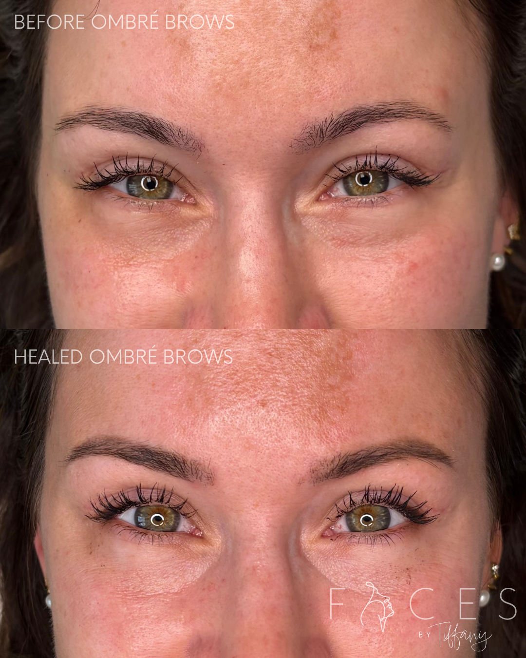 Ombre brows before and healed after on dark-haired client, Faces by Tiffany Exeter