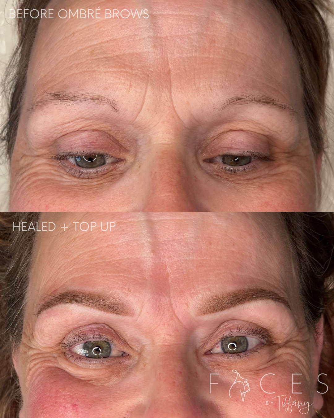 Ombre brows before and after with top up on mature client, Faces by Tiffany Exeter