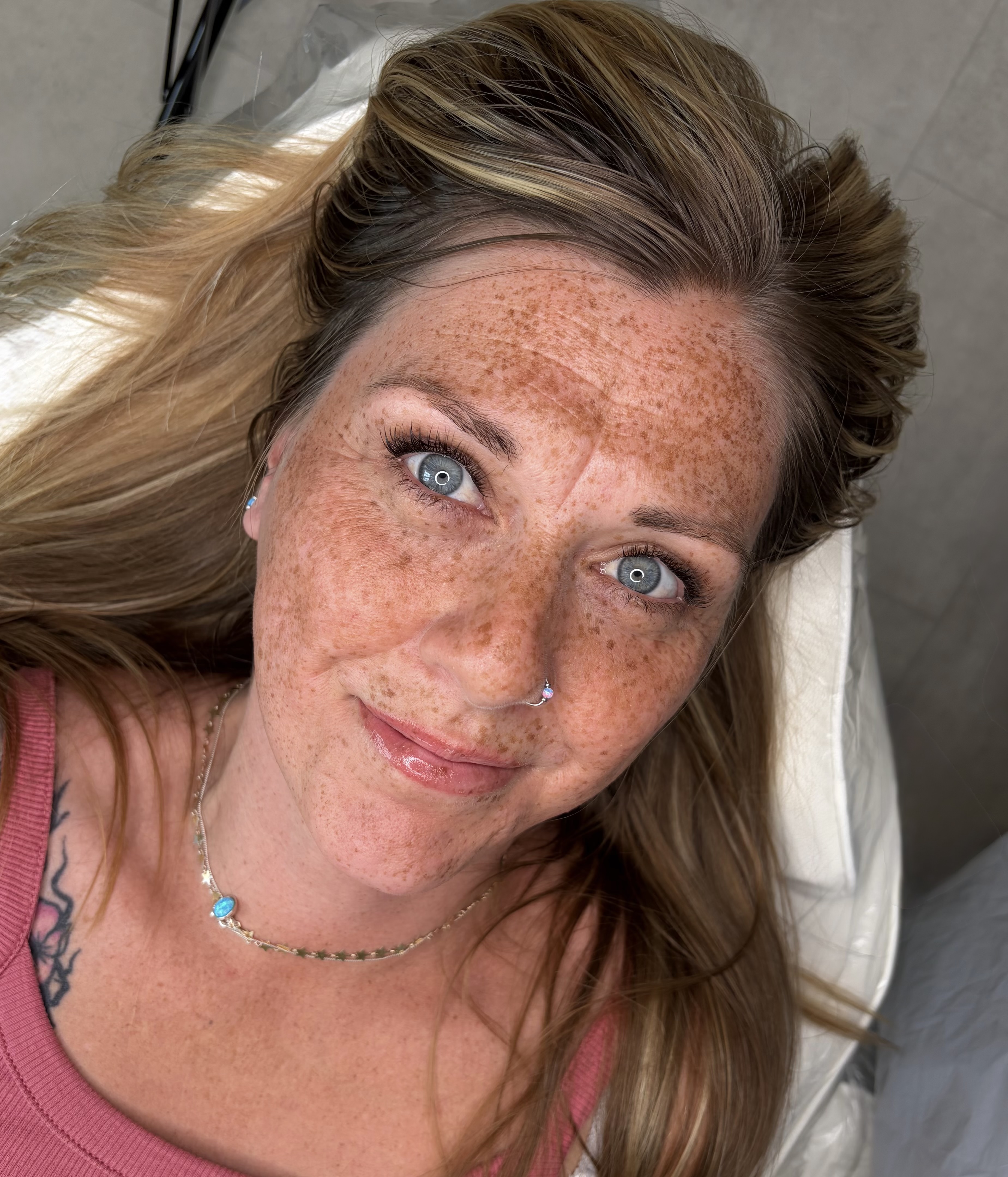 Healed brows and lashes on blonde freckled client, Faces by Tiffany Exeter